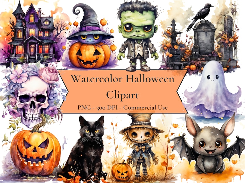 Puede incluir: Conjunto de clipart de Halloween de acuarela con una casa encantada, una calabaza, una calavera con flores, un gato negro, un espantap&aacute;jaros, un fantasma, un murci&eacute;lago y un monstruo de Frankenstein. El clipart est&aacute; en formato PNG y 300 DPI.  Clipart de Halloween de acuarela PNG - 300 DPI - Uso comercial