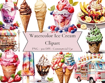 Aquarell Eis Clipart, Eistüten und Eisbecher, Eiscreme LKW, süße Leckereien im Sommer, leckere Desserts, PNG Sofort-Download, kommerzielle Nutzung