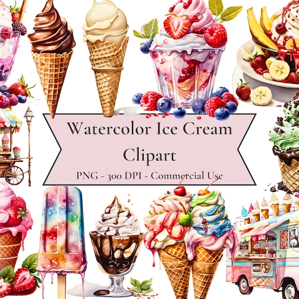 Aquarell Eis Clipart, Eisbecher, Eisbecher, Eiswagen, Sommer süße Leckereien, leckere Desserts, PNG sofortiger Download, kommerzielle Nutzung