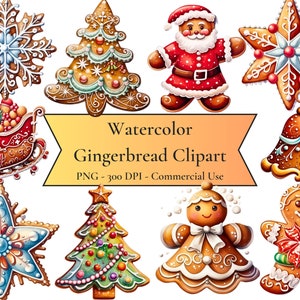 Watercolor Gingerbread Clipart, Watercolor Christmas Clipart, Christmas Cookie Clipart, PNG Format, Instant Download for Commercial Use