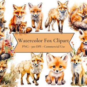 Aquarell Fuchs Clipart, Waldtiere Clipart, Herbst Clipart, Scrapbook Clipart, PNG Grafiken, sofortiger Download für kommerzielle Nutzung