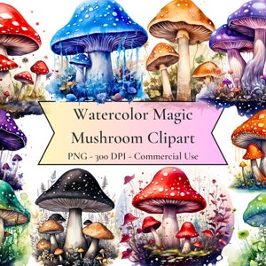 Mushroom Watercolor Clipart, Watercolor Magic Mushroom Clipart, fantasy clipart,witch fairy, PNG format, instant download for commercial use