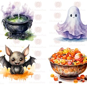 Puede incluir: Una ilustraci&oacute;n digital de cuatro im&aacute;genes con tem&aacute;tica de Halloween. Un caldero con l&iacute;quido verde y humo morado, un fantasma blanco con una cara sonriente, un lindo murci&eacute;lago con ojos grandes y un taz&oacute;n de dulces con calabazas y ma&iacute;z dulce.