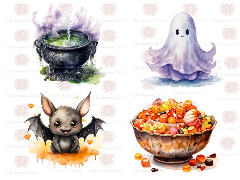 Puede incluir: Una ilustraci&oacute;n digital de cuatro im&aacute;genes con tem&aacute;tica de Halloween. Un caldero con l&iacute;quido verde y humo morado, un fantasma blanco con una cara sonriente, un lindo murci&eacute;lago con ojos grandes y un taz&oacute;n de dulces con calabazas y ma&iacute;z dulce.