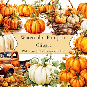 Imágenes Prediseñadas de calabaza de acuarela, imágenes prediseñadas de otoño, imágenes prediseñadas de Halloween, imágenes prediseñadas de otoño, formato PNG, descarga instantánea para uso comercial