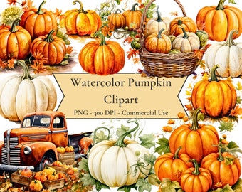 Imágenes prediseñadas de calabazas en acuarela, imágenes prediseñadas de otoño, imágenes prediseñadas de Halloween, imágenes prediseñadas de otoño, formato PNG, descarga instantánea para uso comercial.