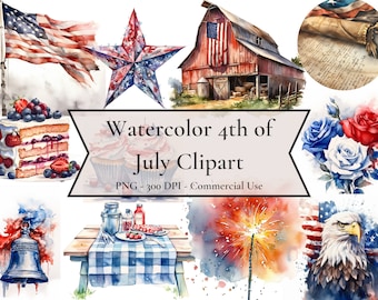 Watercolor 4th of July Clipart, Fourth of July Clipart, Firework Clipart, Instant Download, Commercial Use, Digital PNG, Patriotic Clipart