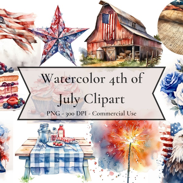 Aquarelle 4 juillet Clipart, Clipart du 4 juillet, feu d’artifice Clipart, téléchargement immédiat, usage Commercial, PNG numérique, Clipart patriotique