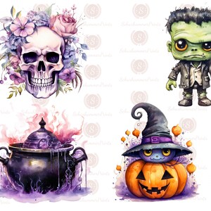 Puede incluir: Cuatro ilustraciones de acuarela de personajes de Halloween. Una calavera con una corona floral, un monstruo de Frankenstein verde, un caldero con humo morado y un gato negro con un sombrero de bruja sentado en una calabaza.