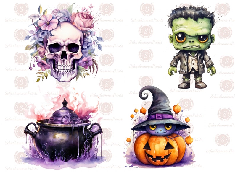 Puede incluir: Cuatro ilustraciones de acuarela de personajes de Halloween. Una calavera con una corona floral, un monstruo de Frankenstein verde, un caldero con humo morado y un gato negro con un sombrero de bruja sentado en una calabaza.