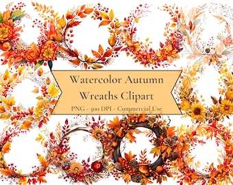 Watercolor Autumn Wreath Clipart, fall graphics, seasonal clipart, fall clipart, PNG format, instant download for commercial use