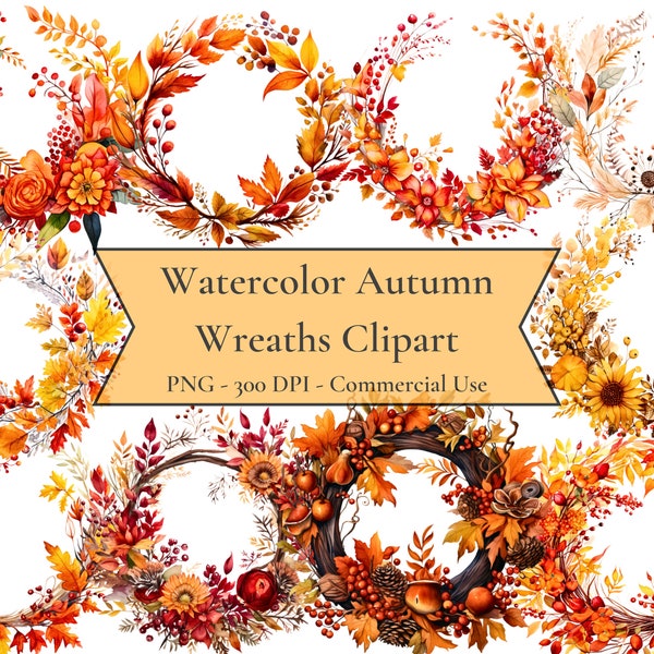 Watercolor Autumn Wreath Clipart, fall graphics, seasonal clipart, fall clipart, PNG format, instant download for commercial use