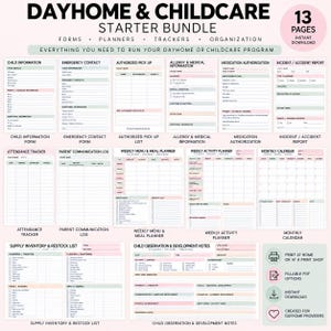 Könnte beinhalten: Ein 13-seitiges Dayhome & Childcare Starter Bundle mit druckbaren Formularen, Planern und Trackern. Enthält Vorlagen für Kinderinformationen, Notfallkontakte, Abholberechtigungen, Allergien, Medikamente, Vorfallberichte, Anwesenheit, Kommunikation, Menüpläne, Aktivitäten, Kalender, Inventar und Beobachtungsnotizen.