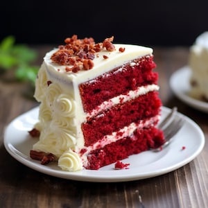 Può includere: Una fetta di torta velluto rosso con glassa bianca e pezzetti di pancetta sopra, servita su un piatto bianco. La torta ha più strati con un ripieno cremoso e riccioli di glassa decorativi.