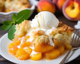May include: A portion of peach cobbler on a white plate, served with a scoop of vanilla ice cream and a sprig of mint. The cobbler has a golden-brown, flaky crust and a filling of juicy peaches. Fresh peaches are in the background, suggesting a homemade dessert.