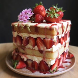 May include: A multi-layered cake with white frosting and fresh strawberries, decorated with pink flowers and a strawberry sauce drizzle.