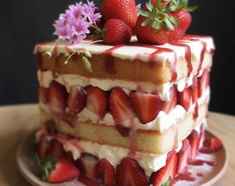 Vanilla cake with strawberries icing topped with strawberry layered vanilla cake with strawberries layered strawberry cake, Digital, Recipe