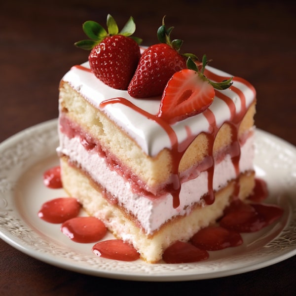 Strawberry cake with whipped cream topped with strawberries frosted vanilla cake with real strawberries  desert, Digital, Recipe