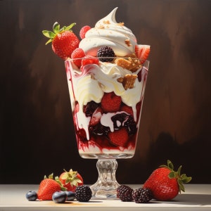 Puede incluir: Un vaso alto para postres lleno de crema batida, bayas y trozos de galletas desmenuzadas. El postre está cubierto con una cucharada de crema batida y algunas bayas enteras. El vaso está sobre una superficie blanca con algunas bayas esparcidas alrededor.