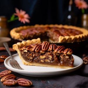 Puede incluir: Una porción de pastel de pacanas con una corteza escamosa y un relleno rico y marrón cubierto con mitades de pacanas. El pastel está en un plato blanco con un tenedor al lado.
