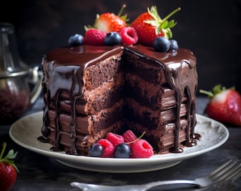 Fudge cake with chocolate icing topped with 3 layer chocolate fudge cakes, Digital, Recipe