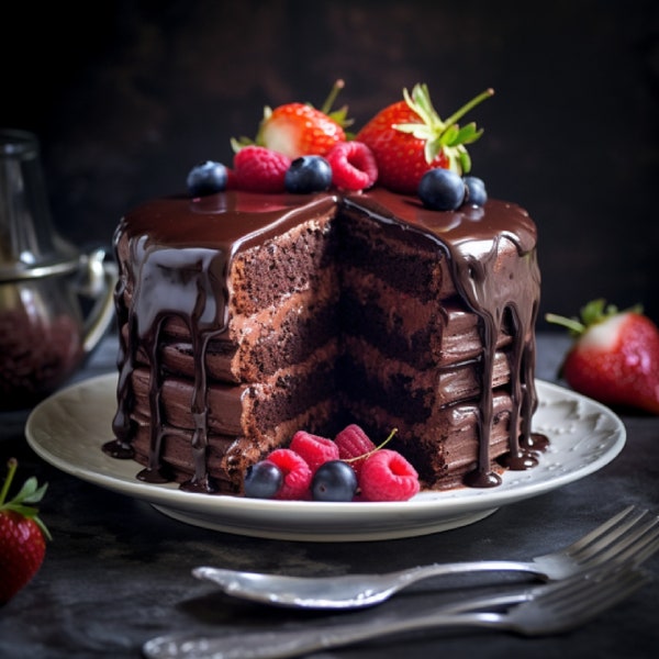 Fudge cake with chocolate icing topped with 3 layer chocolate fudge cakes, Digital, Recipe