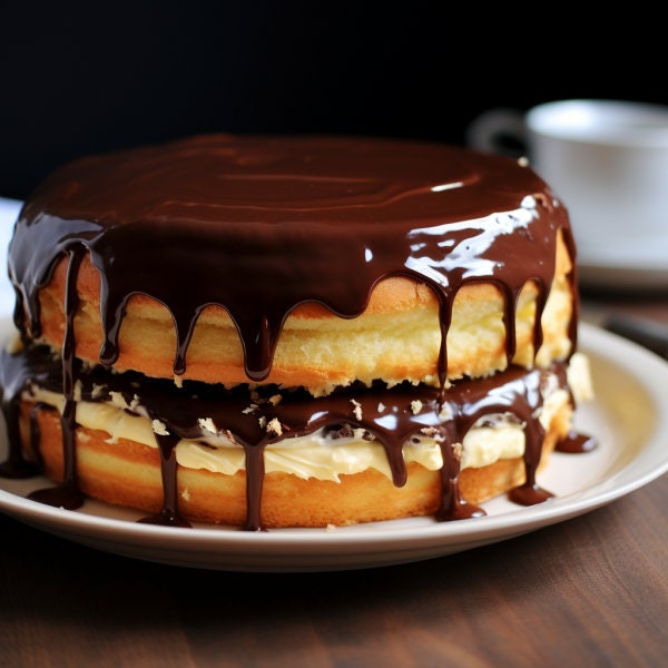 Boston Crème Pie dessert sponge cake custard pastry cream glossy chocolate ganache, Digital, Recipe