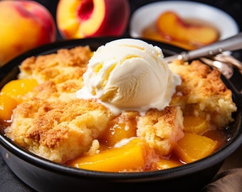 May include: A peach cobbler in a black bowl, with a scoop of vanilla ice cream on top. The cobbler has a golden-brown, crumbly crust and is filled with peach slices. Two peaches and a peach slice are in the background.