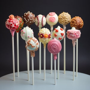 May include: A variety of cake pops decorated with different colors, patterns, and sprinkles. The cake pops are arranged on a gray stand and are ready to be enjoyed.