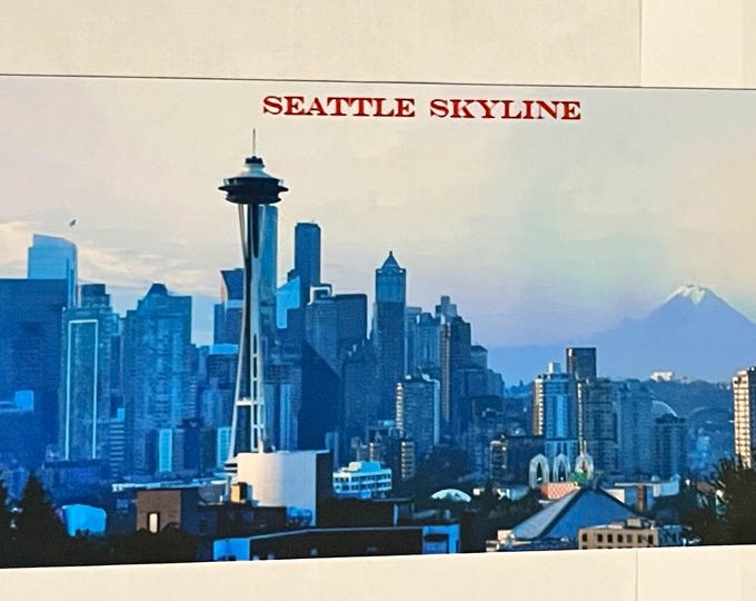 Featured listing image: SEATTLE SKYLINE PANORAMA handcrafted postcards. 11 x4". Set of 2. Sunset/Sunrise.