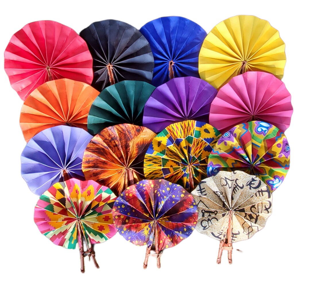 Authentic African Folding Hand Fans Ankara, Kente, and Leather Wall