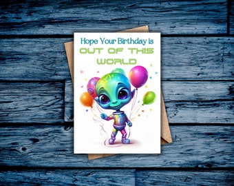 Alien Birthday Card, Kid's Birthday, Out of this World, Alien Party, Outerspace Theme, Printable Card, Instant Download, Blank Inside