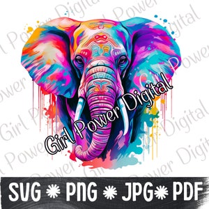 May include: A colorful abstract painting of an elephant's head with a pink, blue, and yellow color scheme. The elephant's trunk is long and curved, and its eyes are large and expressive. The background is a white canvas with splashes of color.