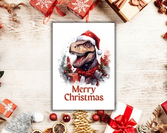 Merry Christmas Card, T-Rex Printable Christmas Card, Dinosaur Christmas Card, Instant Download, Holiday Card, Blank Card