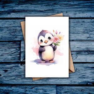 Adorable Penguin Greeting Card, Cute Penguin Holding a Flower, Digital Card, Instant Download, Thank You, Thinking of You, Just Because