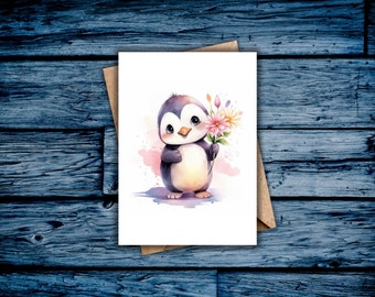 Adorable Penguin Greeting Card, Cute Penguin Holding a Flower, Digital Card, Instant Download, Thank You, Thinking of You, Just Because