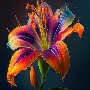 May include: A vibrant, multi-colored lily flower with orange, yellow, purple, blue, and red hues. The flower has a single bud and is in full bloom. The background is a dark blue.