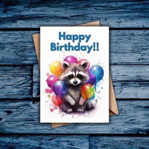 Raccoon Birthday Card, Happy Birthday, Printable, Digital Card, Raccoon and Balloons, Blank Inside, Instant Download