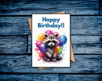 Raccoon Birthday Card, Happy Birthday, Printable, Digital Card, Raccoon and Balloons, Blank Inside, Instant Download