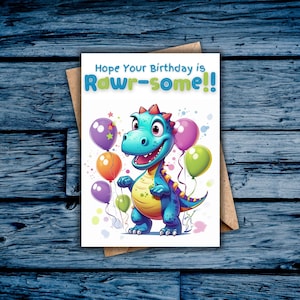 Dinosaur Birthday Card, Dino Birthday, Kid&#39;s Birthday Party, Printable Dinosaur Card, Happy Birthday, Fun Card, Celebrate B-Day