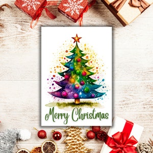 Merry Christmas Card, Printable Christmas Card, Decorated Christmas Tree Card, Instant Download, Holiday Card