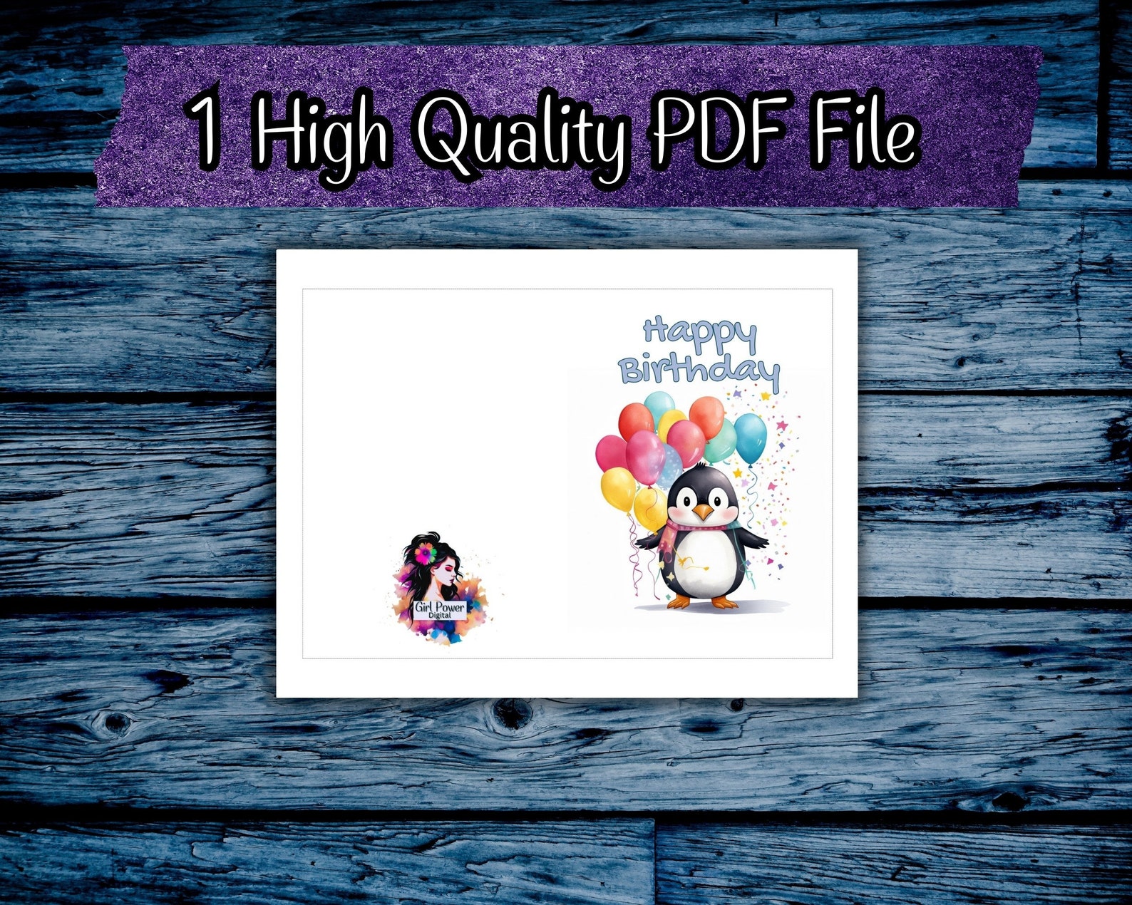 Penguin Birthday Card, Happy Birthday, Printable, Digital Card, Penguin and Balloons, Blank ...