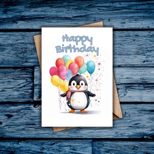 Biglietto d'auguri per pinguino, buon compleanno, stampabile, biglietto digitale, pinguino e palloncini, interno vuoto, download istantaneo