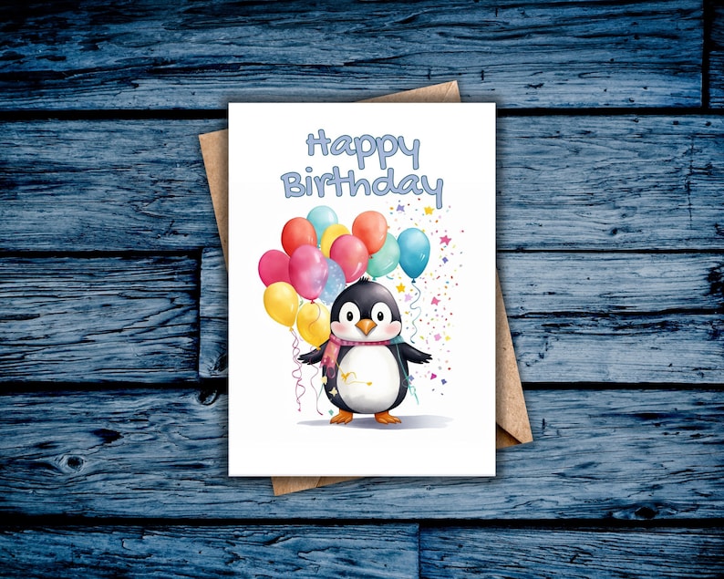 Penguin Birthday Card, Happy Birthday, Printable, Digital Card, Penguin and Balloons, Blank ...