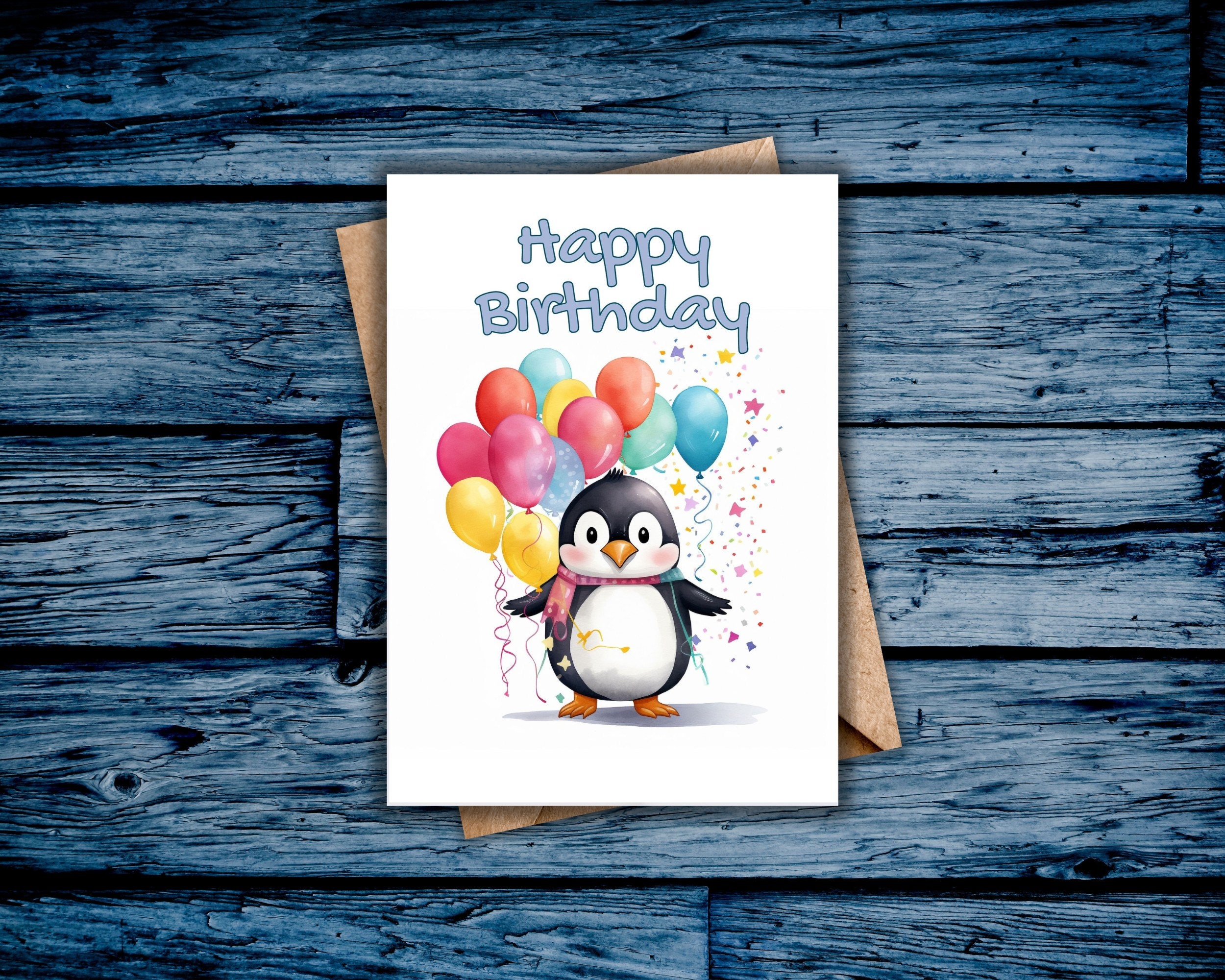 Penguin Birthday Card, Happy Birthday, Printable, Digital Card, Penguin and Balloons, Blank ...