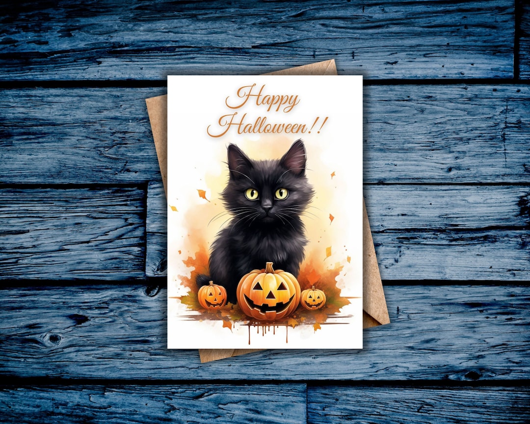 Printable Halloween Card, Black Cat and Jack O Lanterns, Happy ...