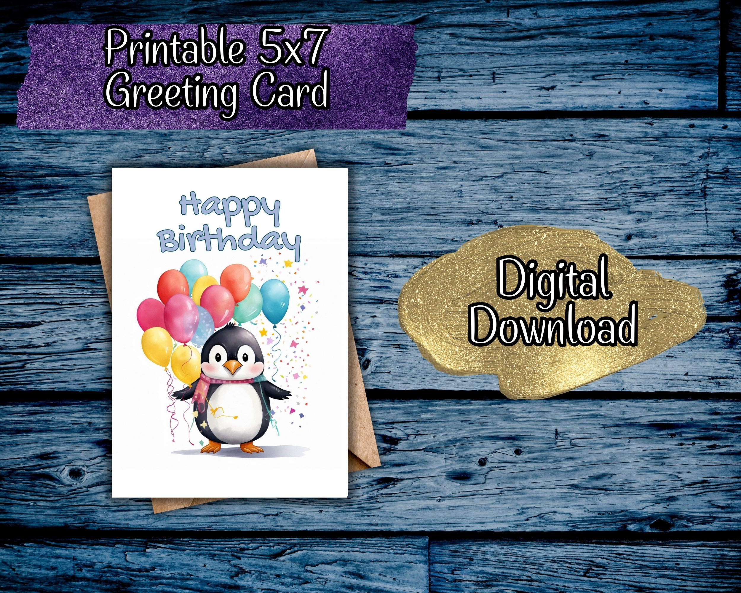 Penguin Birthday Card, Happy Birthday, Printable, Digital Card, Penguin