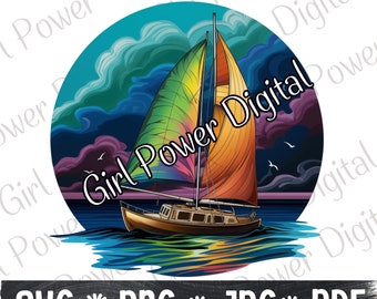 Colorful Sail Boat PNG - Sail Boat SVG - Sublimation - Beautiful Image perfect for Tshirt/Mugs/Wall Art/Etc, Trendy png pdf svg jpg
