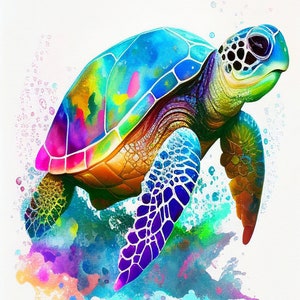 Op de afbeelding: Een kleurrijk aquarel schilderij van een zeeschildpad die in de oceaan zwemt. De schildpad heeft een schild met een levendige mix van blauw, groen, geel en roze. Het water is lichtblauw met kleurspatten.
