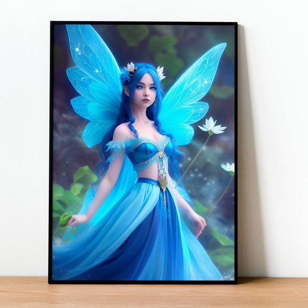 Enchanting 3D Blue Lotus Fairy Print - Realistic and Ethereal Digital Art, Perfect for Fantasy Lovers & Whimsical Home Decor!